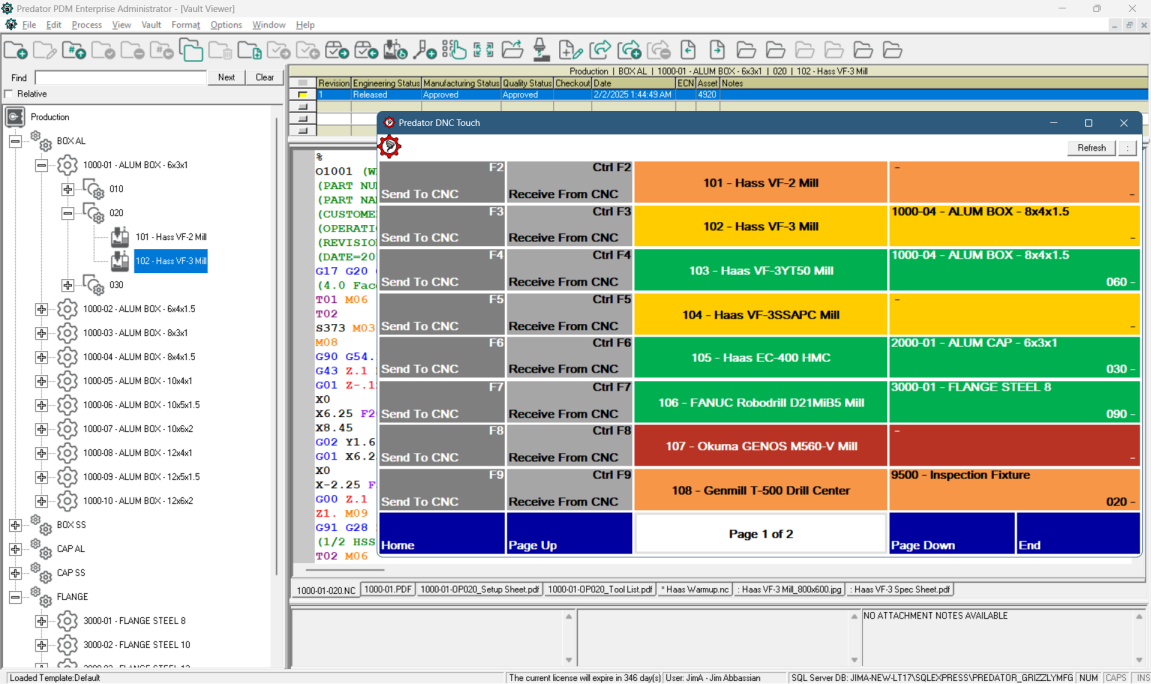 Predator PDM v12 software with Predator DNC integration for sending and receiving CNC programs, offsets and variables