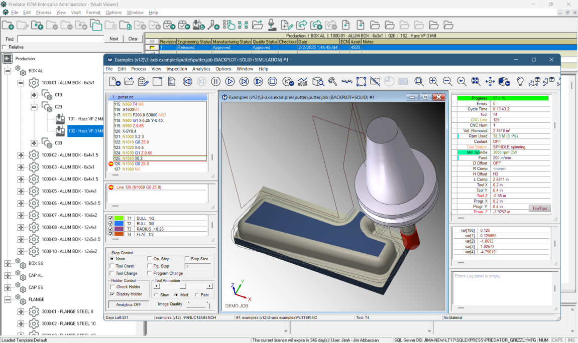 Predator PDM v12 software with Predator Virtual CNC integration for 3D backplotting and verification of CNC programs